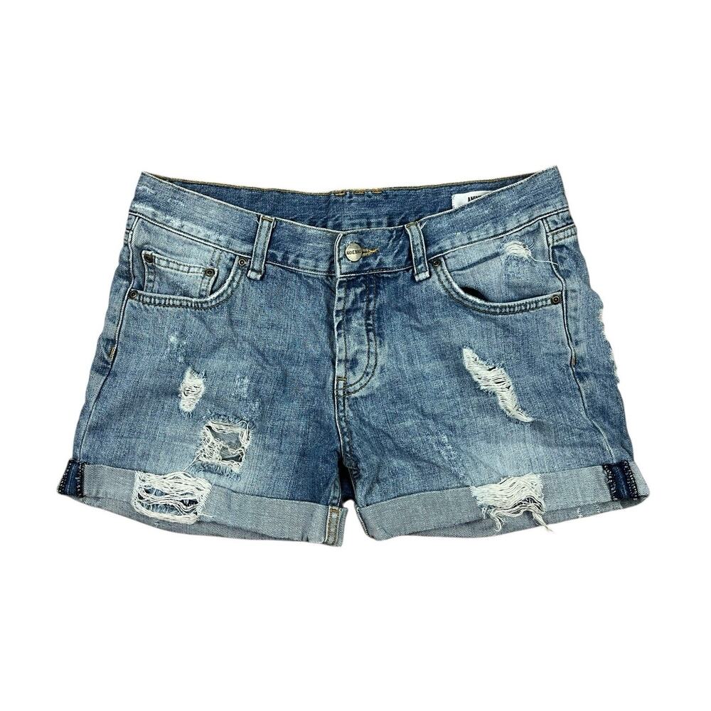Anine Bing Cotton Distressed Denim Shorts Vintage Blue Button Fly Size Small
